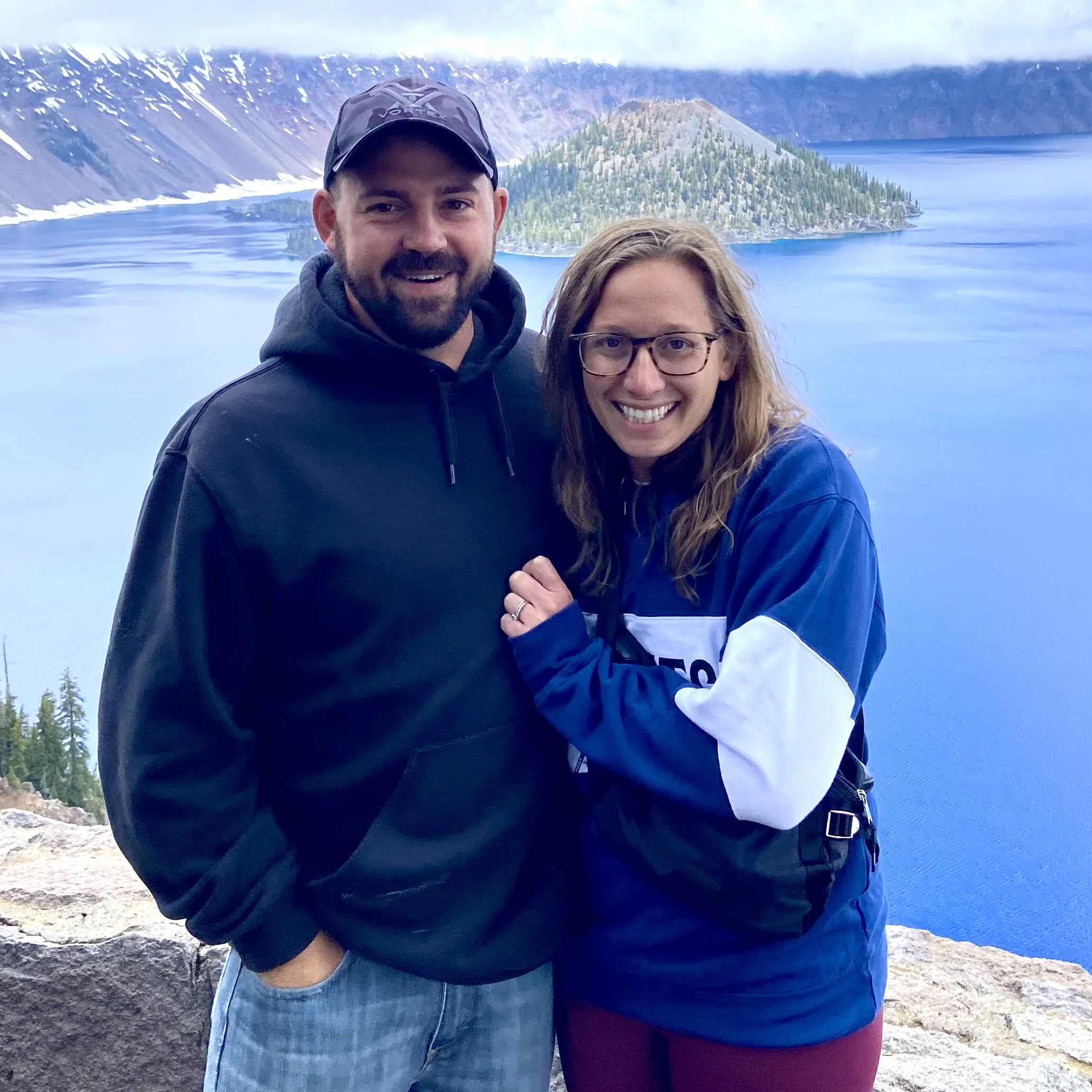 Two People Stading in front of lake